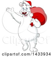 Poster, Art Print Of Cartoon Polar Bear Santa Waving And Carrying A Sack Over His Shoulder