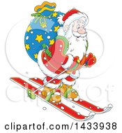 Poster, Art Print Of Cartoon Santa Claus Skiing With A Christmas Sack