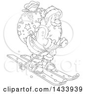 Poster, Art Print Of Cartoon Black And White Lineart Santa Claus Skiing With A Christmas Sack