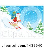 Poster, Art Print Of Santa Skiing Down A Snowy Hill With A Christmas Sack