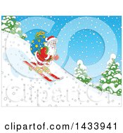 Poster, Art Print Of Cartoon Santa Claus Skiing Down A Snowy Hill With A Christmas Sack