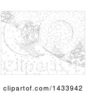 Poster, Art Print Of Cartoon Black And White Lineart Santa Claus Skiing Down A Snowy Hill With A Christmas Sack