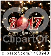 Clipart Of A Happy New Year 2017 Greeting With A Bauble Over Flares Royalty Free Vector Illustration