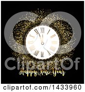 Poster, Art Print Of Happy New Year Greeting With A Clock And Gold Glitter On Black