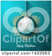 Poster, Art Print Of Merry Christmas Greeting Under A Suspended 3d Bauble In A Gold Frame Over Snowflakes