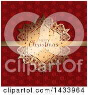 Poster, Art Print Of Merry Christmas Greeting On A Gold Label Ribbon Over Red Snowflakes