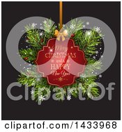 Poster, Art Print Of Merry Christmas And A Happy New Year Greeting Tag With Fir Branches On Black