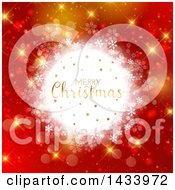 Poster, Art Print Of Merry Christmas Greeting In A White Snowflake Frame Over Red And Gold Bokeh