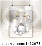 Clipart Of A Merry Christmas Greeting Sign With Baubles Flares And Stars Hanging Over A Wall Royalty Free Vector Illustration