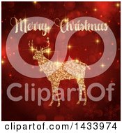 Poster, Art Print Of Merry Christmas Greeting Over A Golden Flare Reindeer Over Red Bokeh And Snowflakes