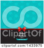 Clipart Of A Merry Christmas And A Happy New Year Greeting With A Gift Bow And Turquoise Snowflakes Royalty Free Vector Illustration