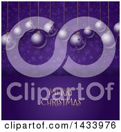 Poster, Art Print Of Merry Christmas Greeting Under Suspended 3d Baubles On Purple Stars And Snowflakes