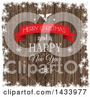 Poster, Art Print Of Merry Christmas And A Happy New Year Greeting With Holly Stars And Snowflake Grunge Over Wood