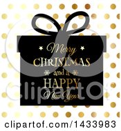 Poster, Art Print Of Merry Christmas And A Happy New Year Greeting On A Silhouetted Gift Over Gold Dots