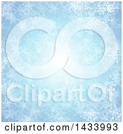 Poster, Art Print Of Light Blue Ice Background With A Central Light And White Snowflakes