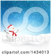 Poster, Art Print Of Happy Snowman In A Winter Landscape With A Blue Snowflake Background