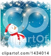 Poster, Art Print Of Happy Snowman Over Blue With Borders Of Flares And Snowflakes
