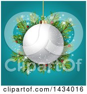Poster, Art Print Of 3d White Christmas Bauble Over Fir Branches With Snowflakes On Turquoise