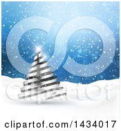 Clipart Of A 3d Silver Ribbon Spiral Christmas Tree In A Winter Landscape And Blue Snowflake Sky Royalty Free Vector Illustration