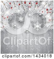 Poster, Art Print Of Christmas Tree Branch Background With Suspended Snowflakes Over Wood