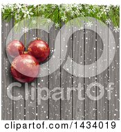 Poster, Art Print Of Christmas Background Of 3d Hanging Red Ornament Baubles Over Wood With Snow Snowflakes And Branches
