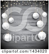 Clipart Of A Christmas Background Of 3d Hanging Ornament Baubles Over Gray Wood With Stars Royalty Free Vector Illustration