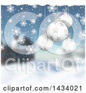 Poster, Art Print Of Christmas Background Of 3d Hanging Ornament Baubles Over Snowflakes And A Blurred Winter Landscape