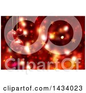 Clipart Of A Christmas Background Of 3d Suspended Bauble Ornaments Over Red Bokeh And Stars Royalty Free Illustration