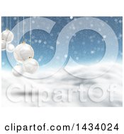 Poster, Art Print Of 3d Hilly Winter Landscape With Snow Falling And Suspended White Bauble Christmas Ornaments