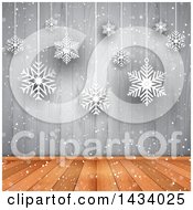 Clipart Of A Wood Floor And Wall With Suspended Snowflakes Royalty Free Vector Illustration