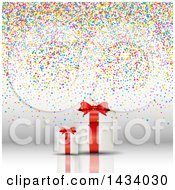Poster, Art Print Of 3d Christmas Present Gift Boxes With Colorful Confetti On Gray