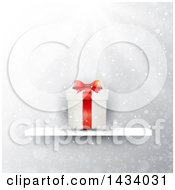 Poster, Art Print Of 3d Christmas Present Gift Box On A Shelf Over Gray Snowflakes And Flares
