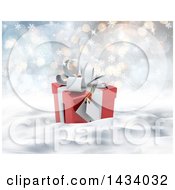 Poster, Art Print Of 3d Christmas Gift In Snow With Snowflakes And Flares