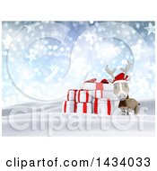 Poster, Art Print Of 3d Christmas Reindeer And Presents In A Snowy Landscape With Flares Snowflakes And Stars