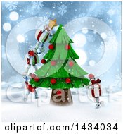 Poster, Art Print Of 3d Present Characters Decorating A Christmas Tree In The Snow