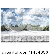 Poster, Art Print Of 3d Deck And Winter Landscape With Snow Falling Trees And Blue Sky
