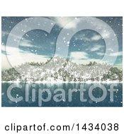 Poster, Art Print Of 3d Winter Landscape With Snow Falling Over A Lake And Mountains
