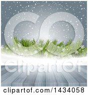 Poster, Art Print Of Wooden Deck Or Table Over Snow Snowflakes And Branches