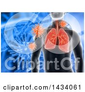 Poster, Art Print Of 3d Man With Visible Lungs And Virus Cells Over A Blue Dna Strand Background