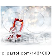 Poster, Art Print Of 3d White Super Hero Santa Man Carrying A Christmas Gift In A Winter Landscape