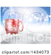 Clipart Of A 3d Hilly Winter Landscape With A Steamy Hot Cup Of Coffee And Blue Sky With Sunshine Royalty Free Illustration
