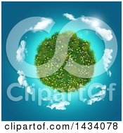 Clipart Of A 3d Grassy Globe With Wildflowers Encircled With Clouds Over Blue Royalty Free Illustration by KJ Pargeter