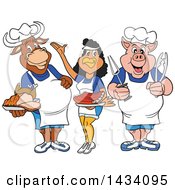 Poster, Art Print Of Cartoon Chef Cow Chicken And Pig With Brisket Ribs And Roasted Chicken