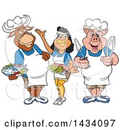 Clipart Of A Cartoon Chef Cow Chicken And Pig With Shrimp And Fish Royalty Free Vector Illustration