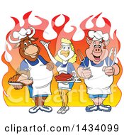 Cartoon Chef Cow Chicken And Pig With A Roasted Chicken Brisket And Ribs Over Flames