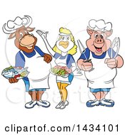 Cartoon Chef Cow Chicken And Pig With Fish And Shrimp
