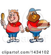 Poster, Art Print Of Cartoon Pig Girl Holding A Drumstick And Chicken Boy With A Pulled Pork Sandwich