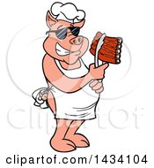 Clipart Of A Cartoon Chef Pig Wearing Sunglasses And Holding Ribs In Tongs Royalty Free Vector Illustration