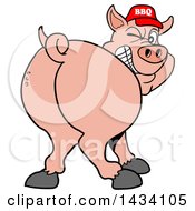 Cartoon Rear View Of A Grinning And Winking Pig Looking Back And Wearing A Bbq Hat