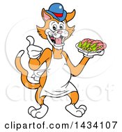 Poster, Art Print Of Cartoon Ginger Cat Chef Mascot Giving A Thumb Up And Holding A Platter Of Shrimp